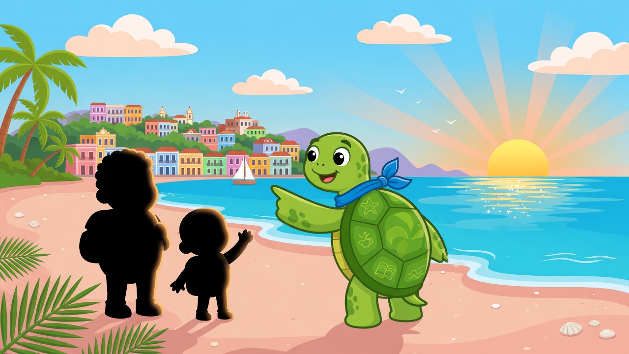 Ilustração cartoon: família e a Tartinha na praia de Olinda ao amanhecer, em clima de encontro educativo