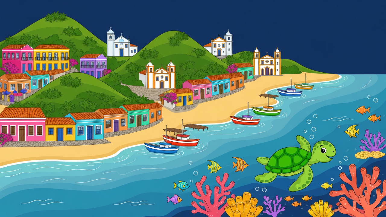 Ilustração cartoon de Olinda histórica, oceano e a Tartinha, mascote do evento